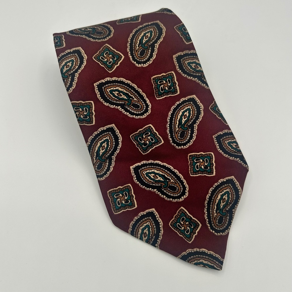 Monsieur Givenchy Vintage Silk Tie Burgundy Paisley Geometric Wide Necktie
